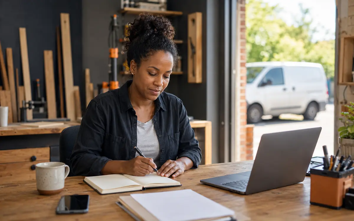 Small-business owner organising finances in her workshop