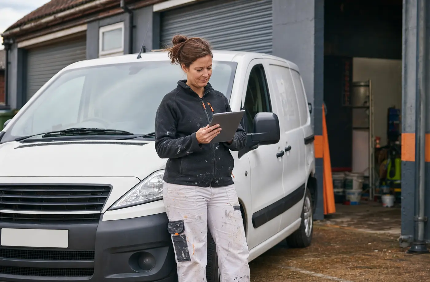Woman tradesperson reviewing a tablet beside her work van