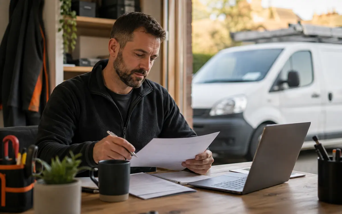 Tradesperson reviewing paperwork with a work van visible